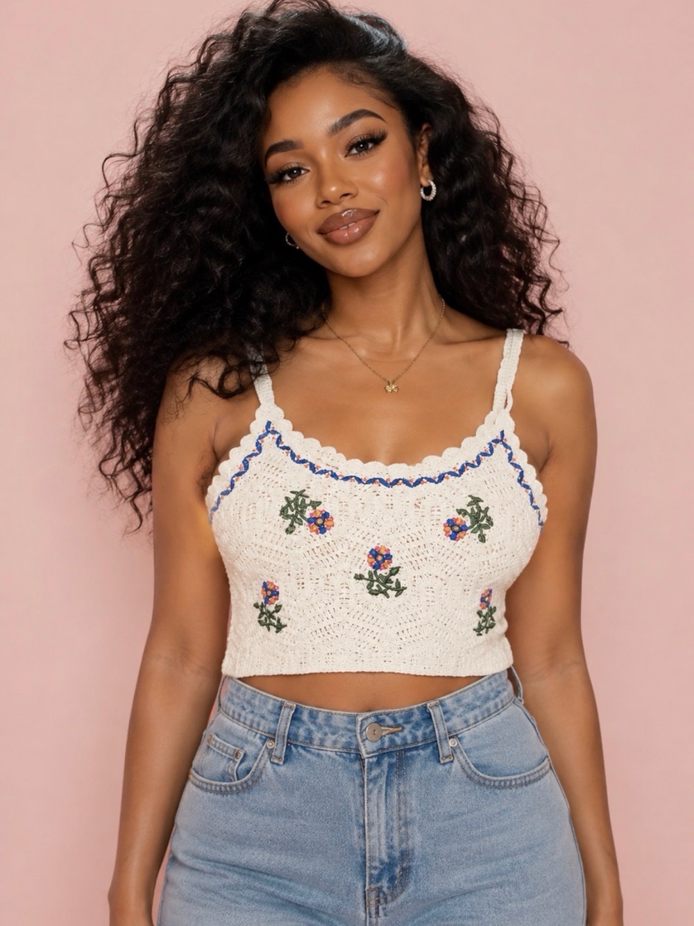 Vertiche Crochet Floral Embroidered Crop Top — Size Medium